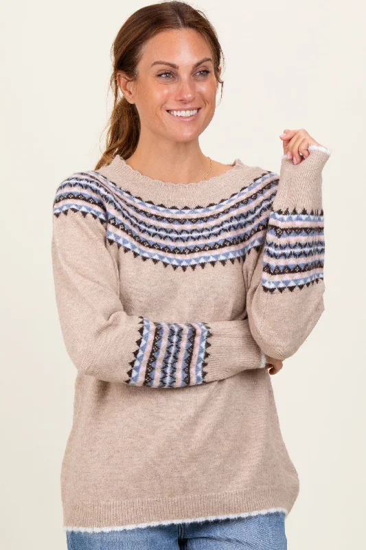 Women's Sweater for Layering with Jackets-Cream Fair Isle Print Sweater