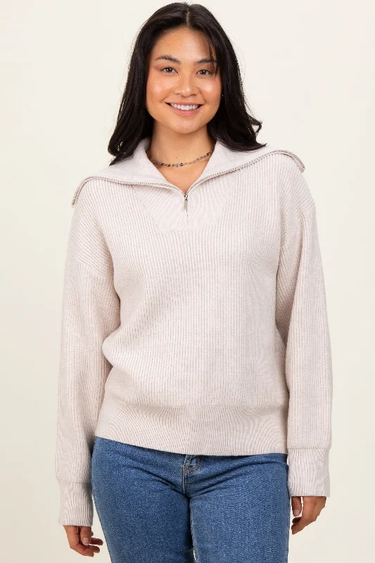 Women's Relaxed Wool Pullover Sweater with High Neck-Cream Half Zip Chunky Knit Pullover Sweater