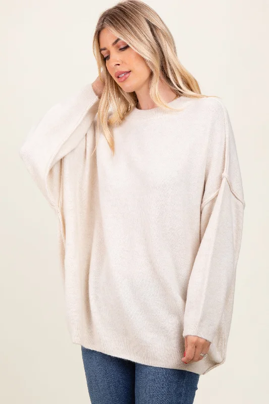 Women's Knit Sweater-Cream Oversized Crewneck Melange Knit Sweater