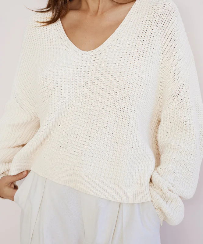 Women's Sweater with Chunky Wool Knit-Cropped Cotton Cabin Sweater