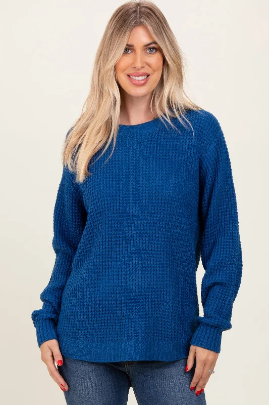 Women's Sweater with Cozy, Soft Fabric-Dark Blue Waffle Knit Rounded Hem Sweater