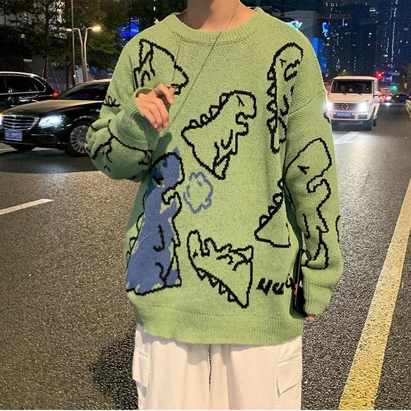Women's Knit Sweater for Cold Evenings -Dinosaur Knitted Sweater