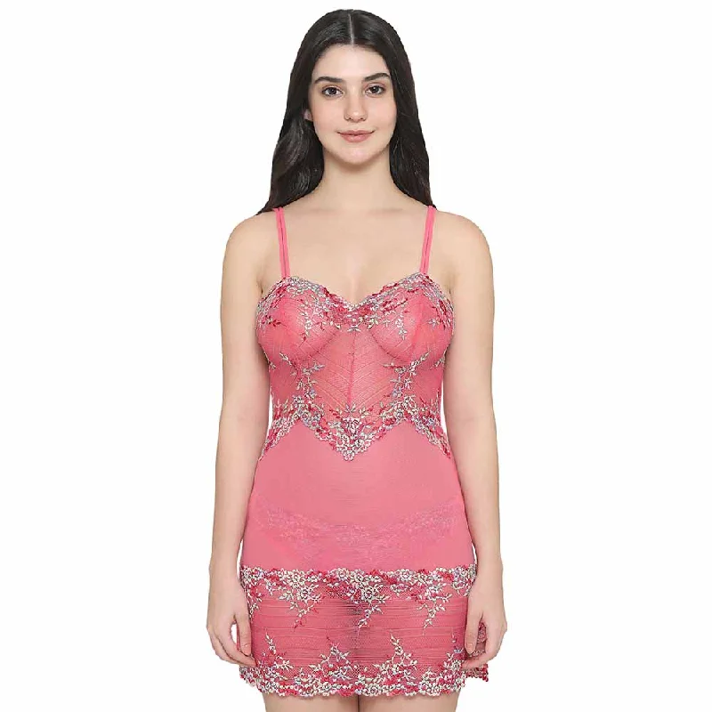 Doll Dress with Adjustable Strap -Embrace Lace  Non Padded  Non Wired Bridal Wear Short Lace Babydoll Chemise - Pink
