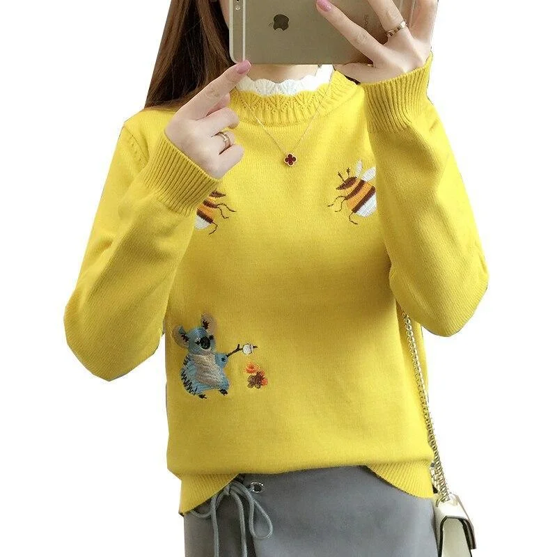 Women's Sweater for Fall and Winter-Embroidered Crewneck Women Sweater