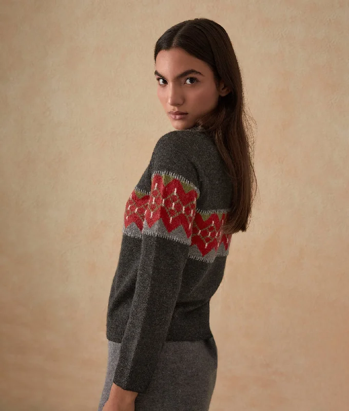 Women's Sweater with Slim Fit Style-Embroidered Intarsia Baby Alpaca Cardigan