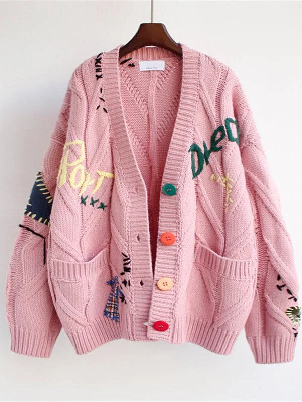 Women's Cardigans Sweater with Long Sleeves-Embroidered Loose Cropped Cardigan Sweater