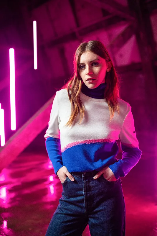 Women's Sweater with Front Pleats-ESPELETTE - Mulitcolor Wool Sweater for Women (ROYAL BLUE / NEON PINK / WHITE) Women's Sweater with Front Pleats-ESPELETTE - Mulitcolor Wool Sweater for Women (ROYAL BLUE / NEON PINK / WHITE)