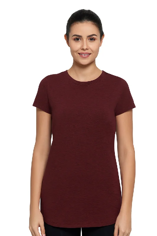 Women's Button-Front Top -Essential Long Length Tee - Pomegranate Marl