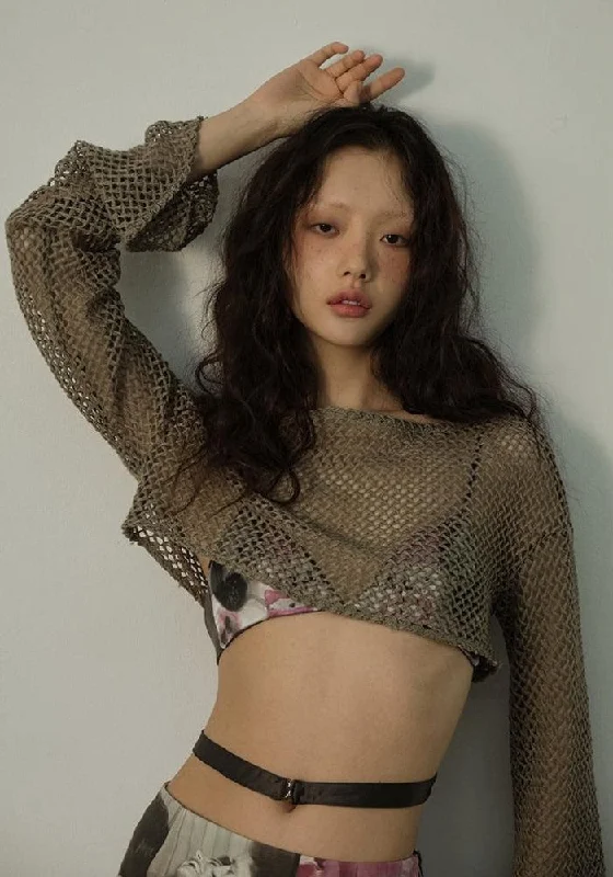Women's Knit Sweater with Lace Detailing -Fishnet Crop Shrug Sweater