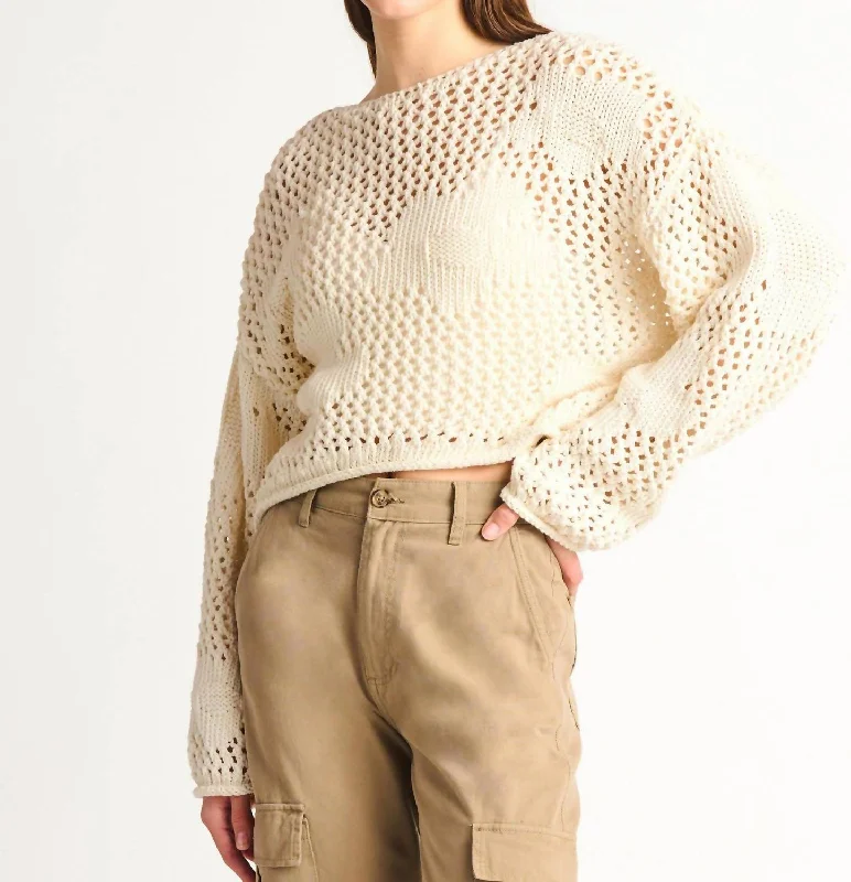 Women's Sweater with Cozy Knitted Texture-Floral Crotchet Sweater In Ivory