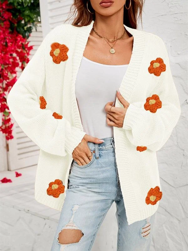 Women's Chunky Knit Cardigans Sweater-Floral Lantern Sleeves Cardigan Sweater