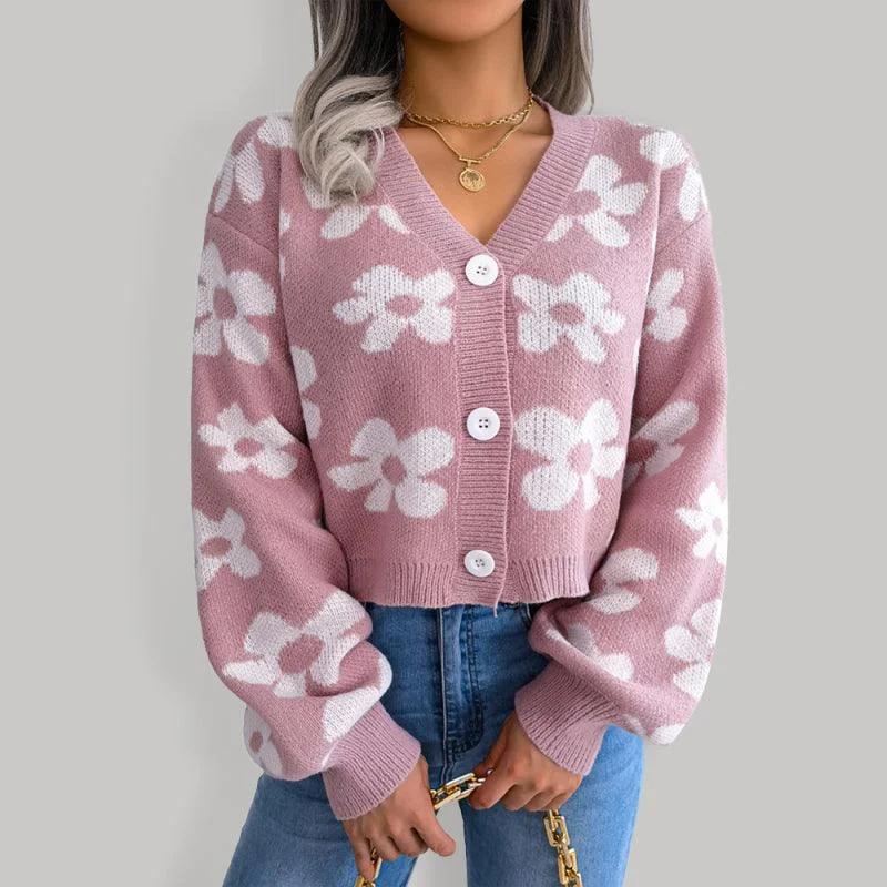 Women's Cardigans Sweater for a Vintage Look-Flower Lantern Sleeve Cardigan Sweater