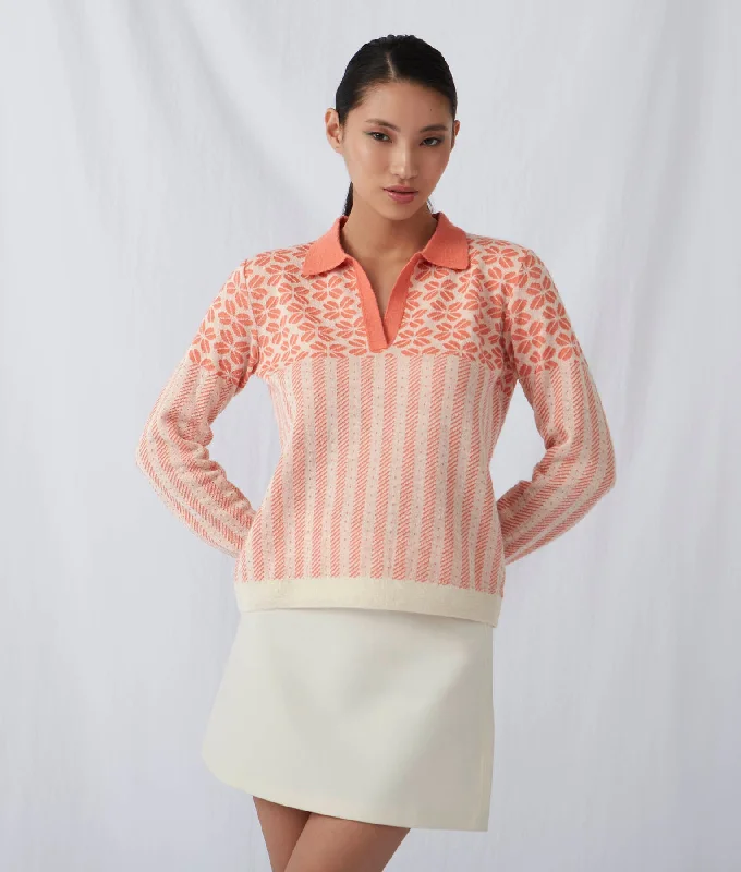 Women's Sweater with Warm Wool Blend-Flowers & Ribs Polo Neck Sweater