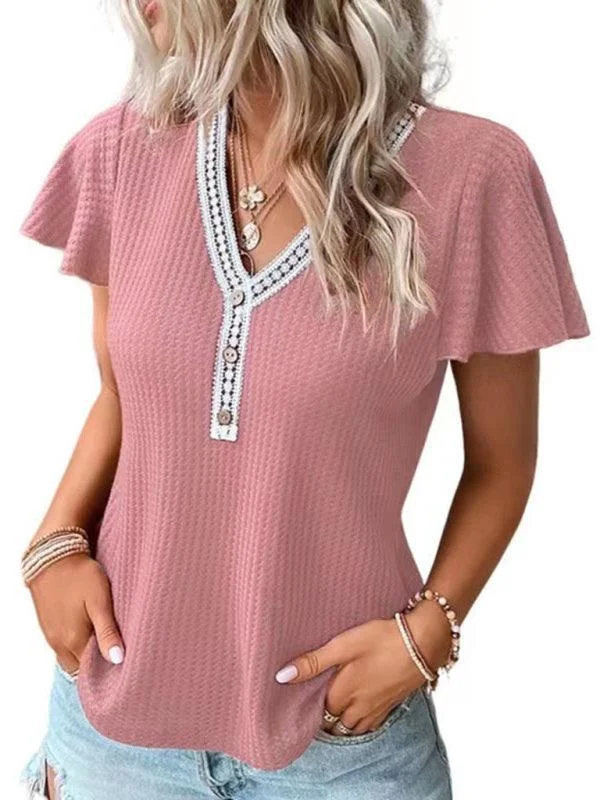 Comfortable Women's Sweater-Flutter Sleeve Waffle Knit Women Top