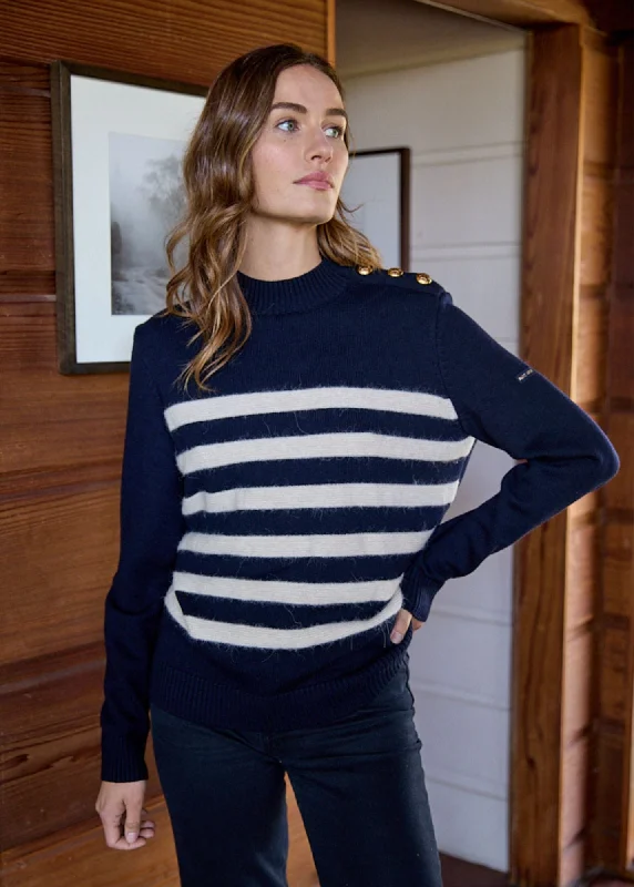 Women's Sweater with Decorative Ruffles-GALA - Striped Sweater With Shank Button Shoulder | 100% Textured Wool (NAVY / IVORY)