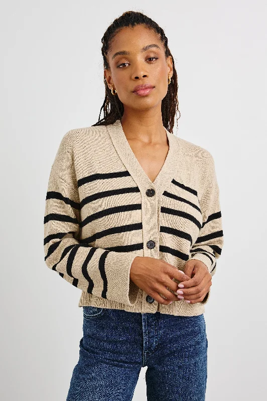 Women's Cardigans Sweater for a Fashionable Layer-GENEVA CARDIGAN - OATMEAL BLACK STRIPE Women's Cardigans Sweater for a Fashionable Layer-GENEVA CARDIGAN - OATMEAL BLACK STRIPE