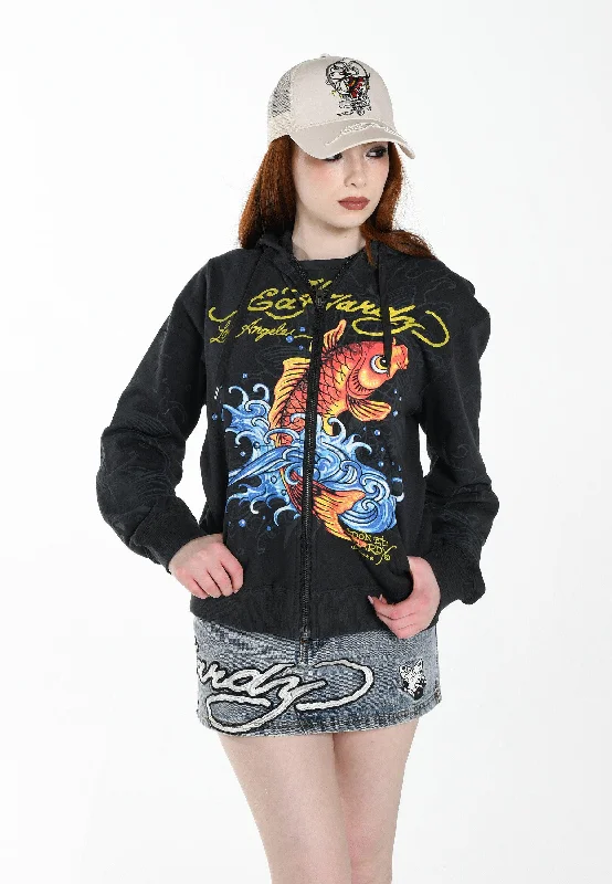 Trendy Women's Hoodies for Street Style -Womens Golden-Koi Teddy Fleece Lined Hooded Jumper - Charcoal