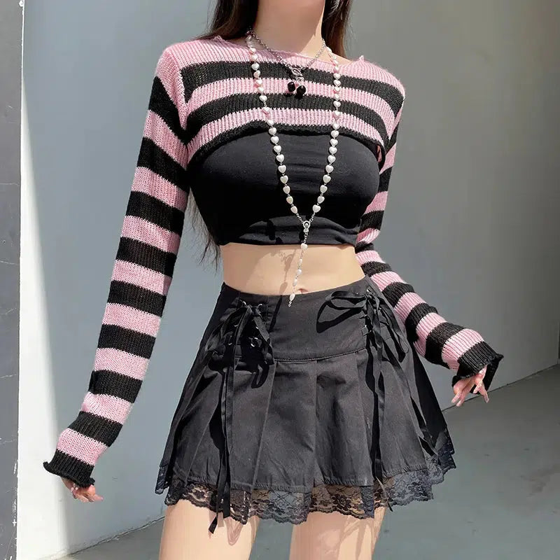 Women's Knit Sweater with Vertical Stripes -Goth Striped Knitted Shrug Sweater