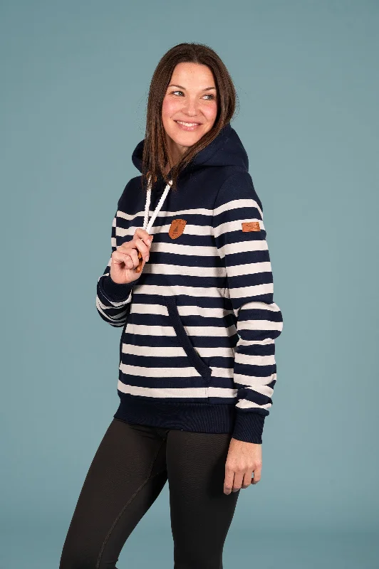 Women's Hoodies with Tie Closure -Grace Oatmeal Stripe Hoodie Navy