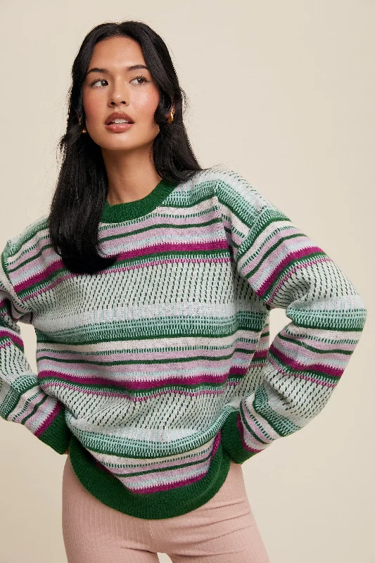 Women's Sweater for Chic and Cozy Style-Green Multi Stripe Crew Neck Sweater