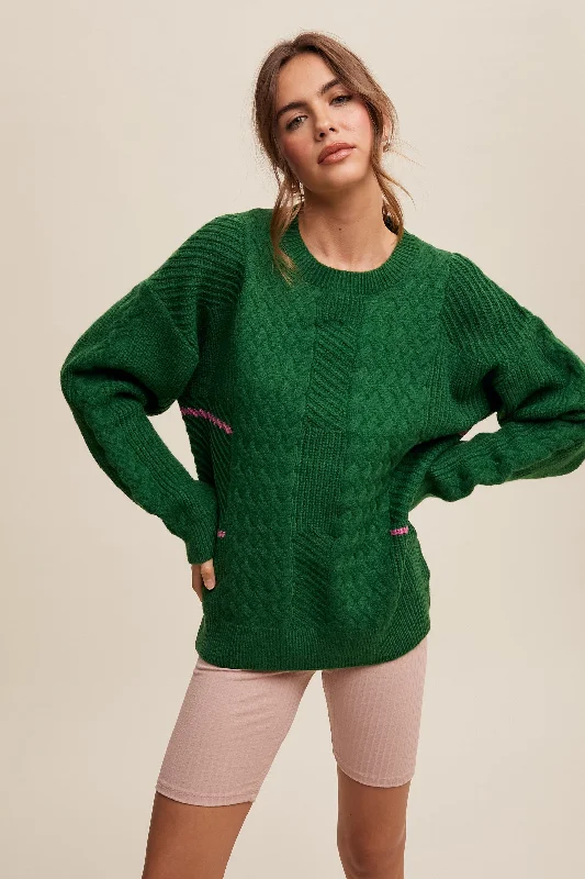 Women's Sweater with Lace-Trimmed Hem-Green Striped Mixed Cable Knit Sweater