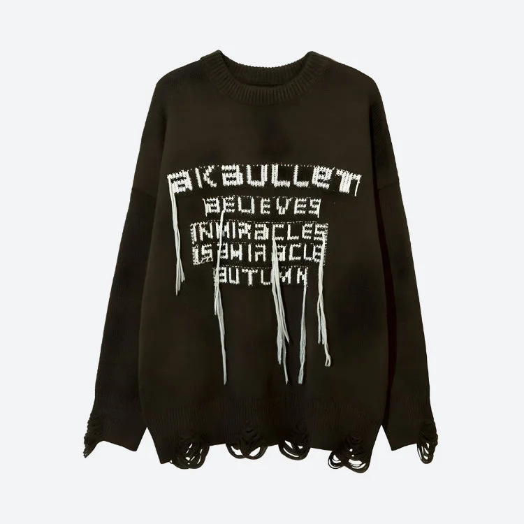 Chunky Knit Sweater for Women -Grunge AK-Bullet Tasseled Sweater