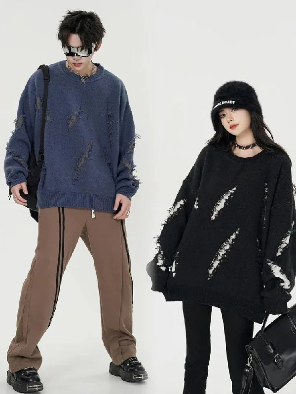 Women's Knit Sweater with Lace Inserts -Grunge Claw Distressed Knitted Sweater