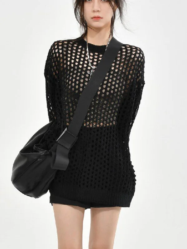 Women's Knit Sweater with Fitted Waist -Grunge Crochet Knit Sweater
