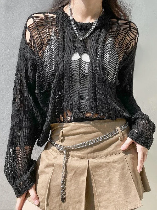 Women's Knit Sweater for Transitional Seasons -Grunge Distressed Knit Sweater