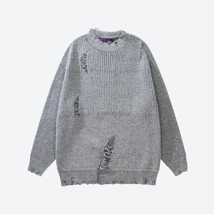 Women's Knit Sweater with Horizontal Stripes -Grunge Distressed Knitted Sweater