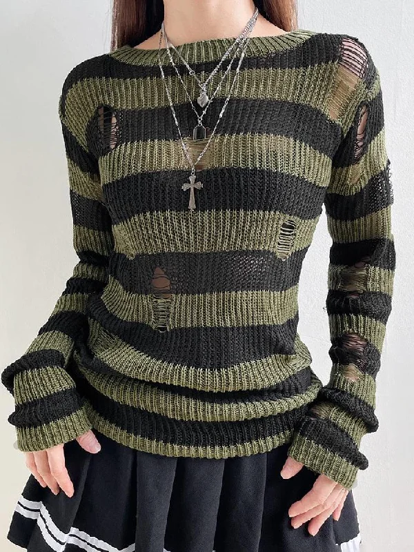 Women's Knit Sweater with Side Zipper -Grunge Distressed Striped Sweater