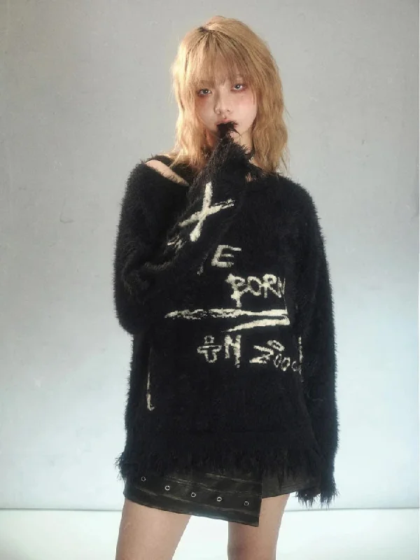 Women's Knit Sweater with Crochet Detail -Grunge Fluffy Knitted Sweater
