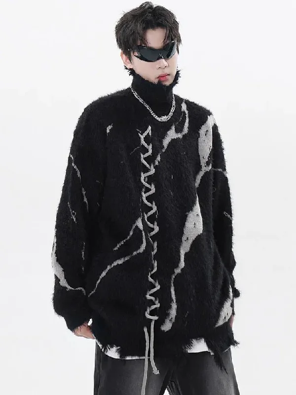 Women's Knit Sweater with Modern Twist -Grunge Fluffy Lace Up Sweater