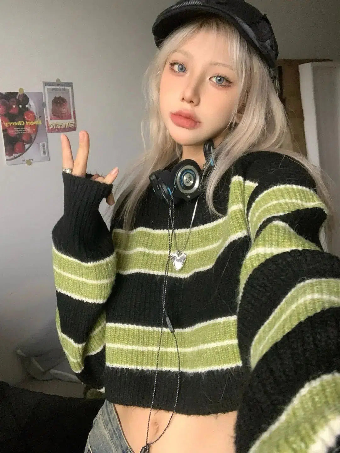 Women's Knit Sweater for Warm Weather -Grunge Green Striped Crop Sweater