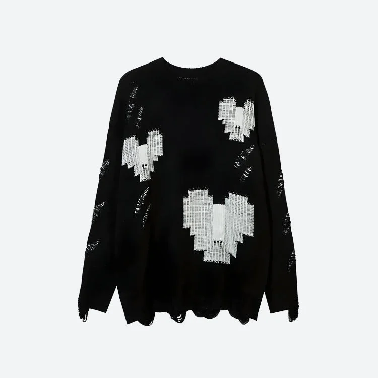 Women's Knit Sweater with Side Buttons -Grunge Pixel Hearts Knitted Sweater