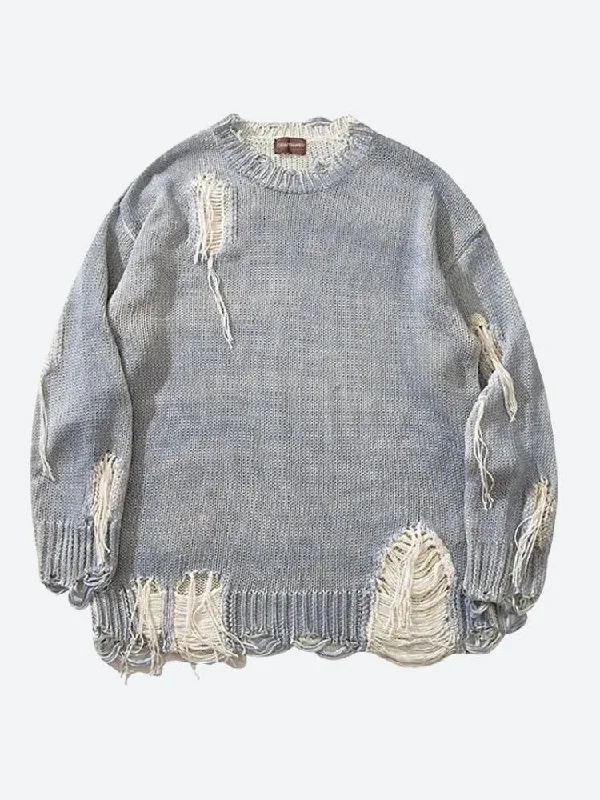 Women's Knit Sweater with Ripped Detail -Grunge Tasseled Distressed Sweater
