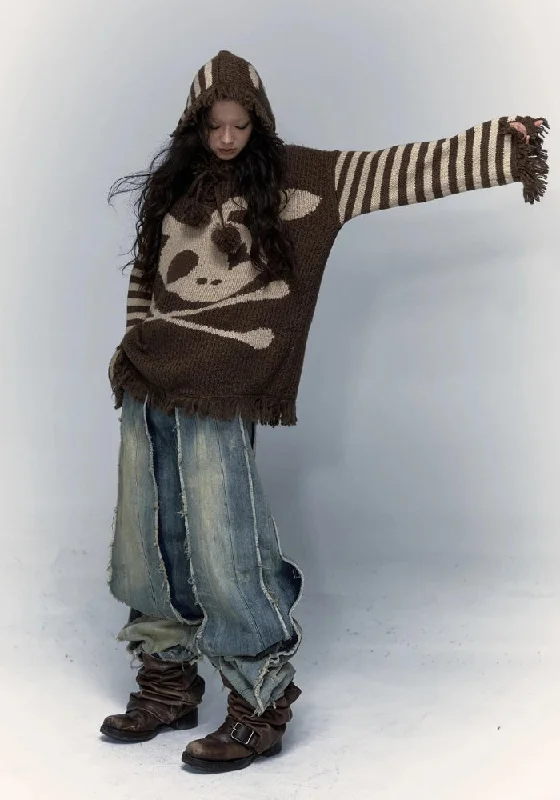 Women's Cozy Knit Sweater with Round Neck -Grunge Tasseled Hooded Sweater