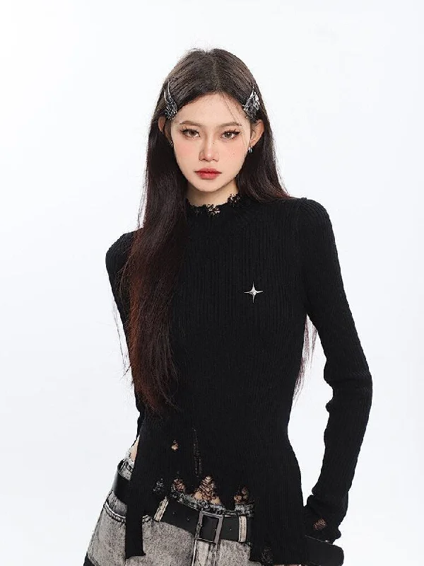 Women's Knit Sweater with Split Neck -Grunge Turtleneck Distressed Sweater