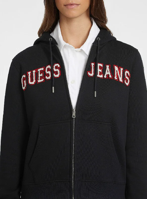 Women's Hoodies with Customizable Features -Guess Jeans Black Zip Hoodie Jacket