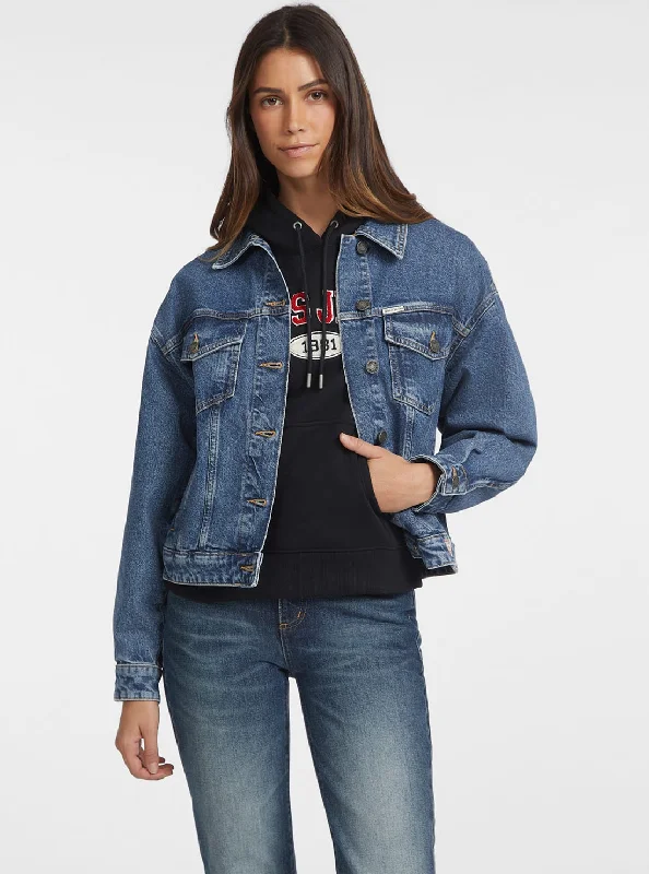 Women's Hoodies with Animal Print -Guess Jeans Blue Denim Oversized Trucker Jacket
