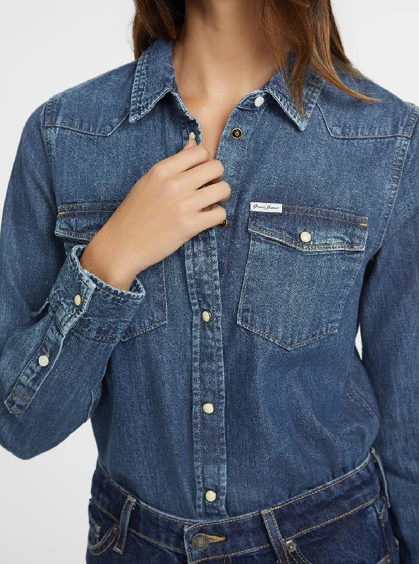 Women's Hoodies for Shopping Trips -Guess Jeans Blue Slim Denim Shirt