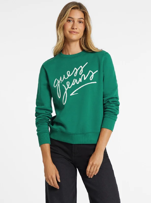 Women's Soft Cotton Hoodies for Ultimate Comfort -Guess Jeans Green Logo Jumper
