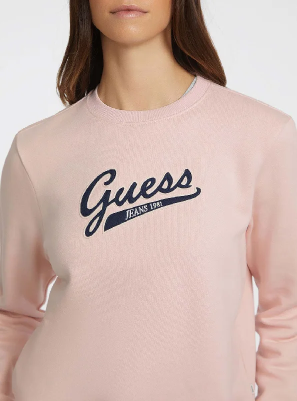 Women's Hoodies with Soft Material for Comfort -Guess Jeans Pink Script Logo Jumper