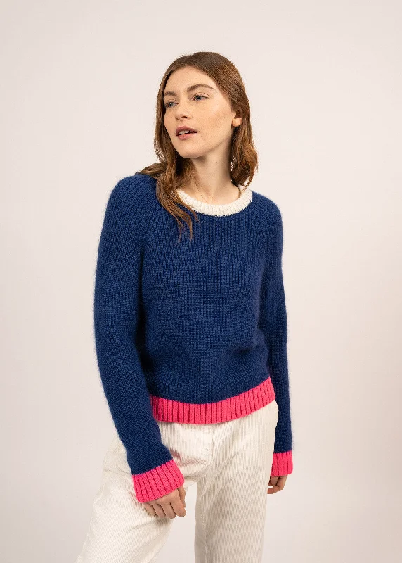 Women's Sweater for Vibrant Style-HASPARREN - Color-block Sweater in Mohair Wool Blend (BLUE / NEON PINK / WINTER WHITE) Women's Sweater for Vibrant Style-HASPARREN - Color-block Sweater in Mohair Wool Blend (BLUE / NEON PINK / WINTER WHITE)