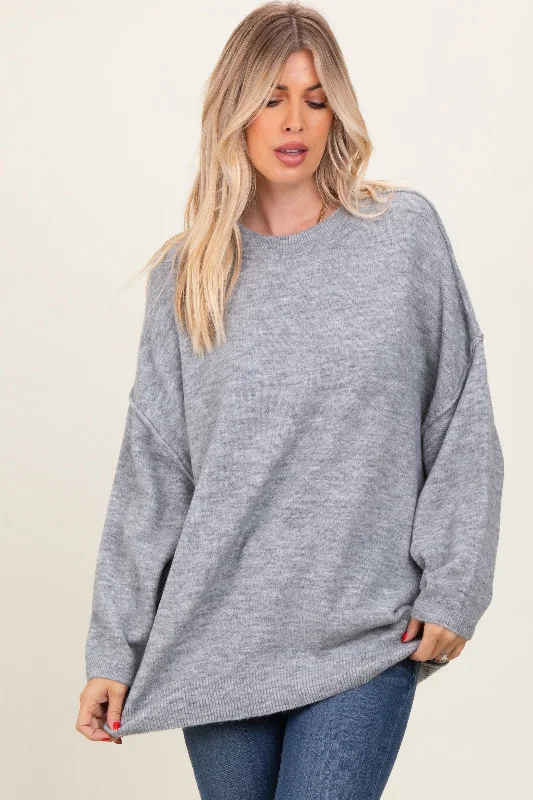 Women's V-neck Sweater-Heather Grey Oversized Crewneck Melange Knit Sweater