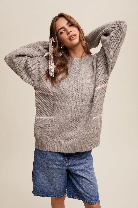 Women's Sweater for Cold Evening Wear-Heather Grey Striped Mixed Cable Knit Sweater