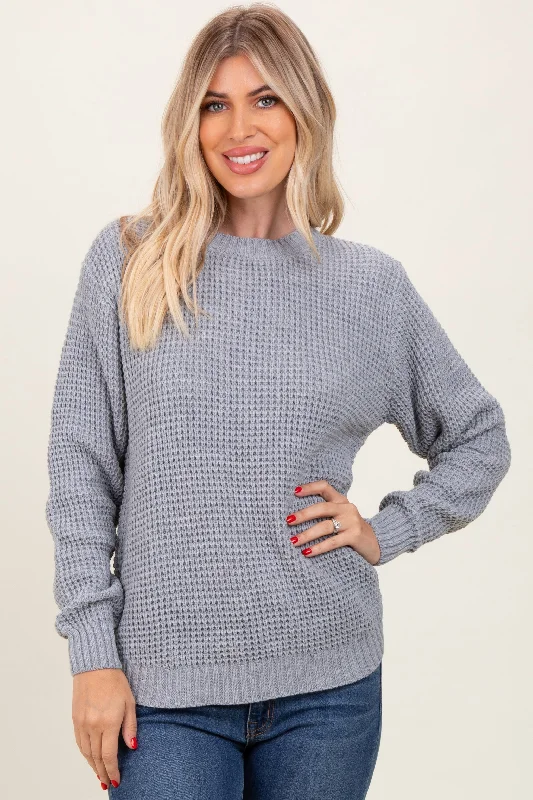 Women's Sweater with Oversized Fit-Heather Grey Waffle Knit Rounded Hem Sweater