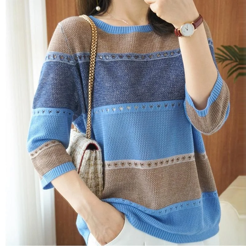 Women's Sweater for Transitional Weather-Holed Round Neck Knitted Sweater