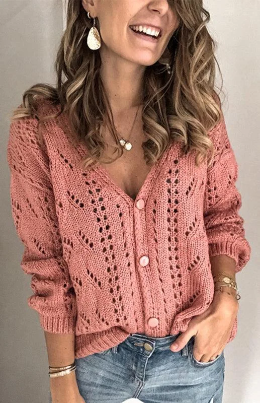 Women's Cardigans Sweater with Knitted Texture-Holes Pattern Women Cardigan Sweater