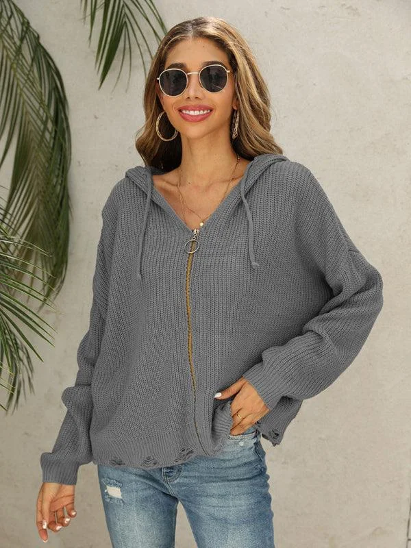Women's Cardigans Sweater with Detailed Knitting-Hooded Hole Women Cardigan Sweater